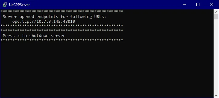 UaCPPServer console showing endpoint URLs