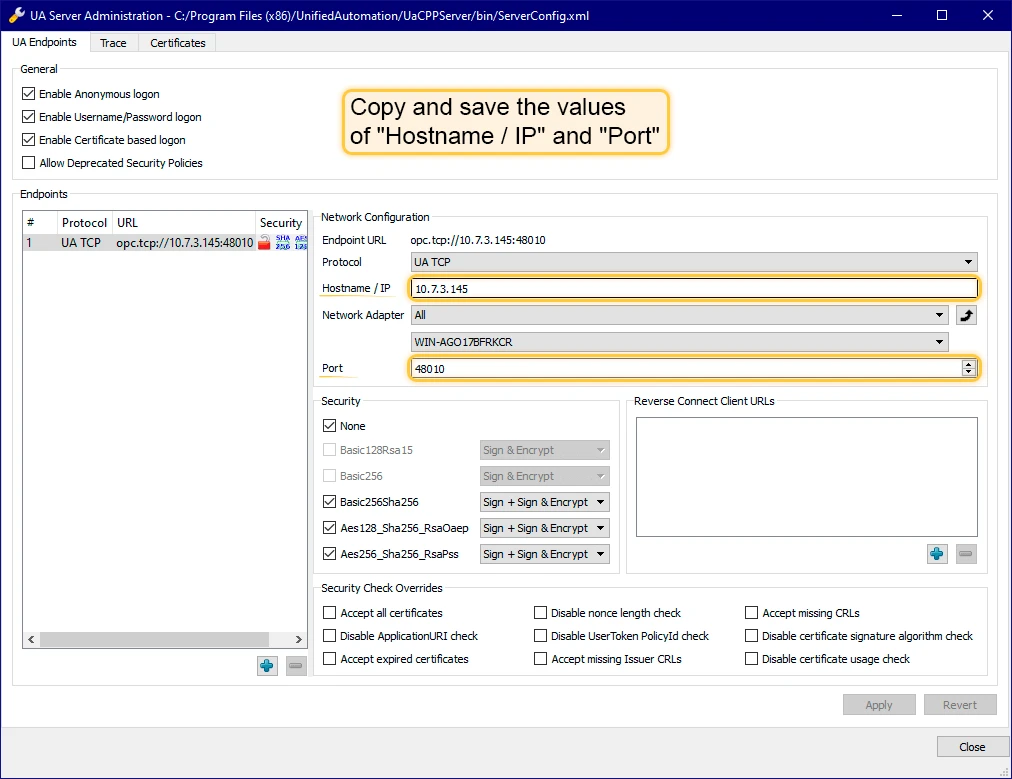 UA Admin Dialog showing OPC UA server hostname and port configuration