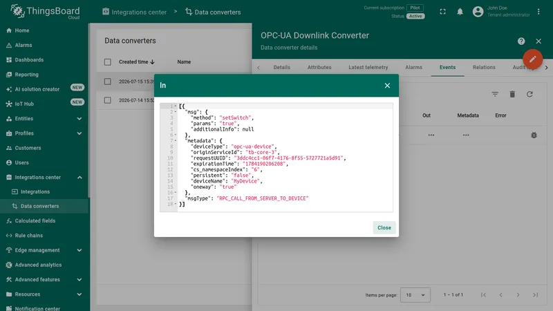 Downlink event In panel showing the Rule Engine input message with msg.method, msg.params, and metadata.cs_namespaceIndex fields
