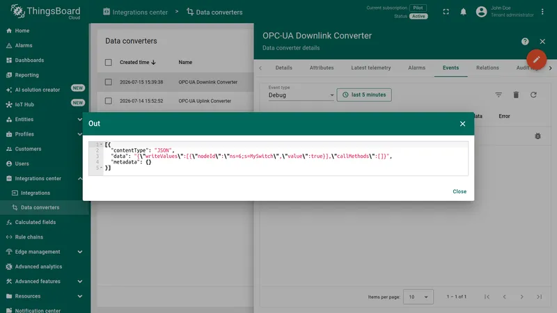 Downlink event Out panel showing the encoded JSON output with a writeValues array containing the NodeId and value