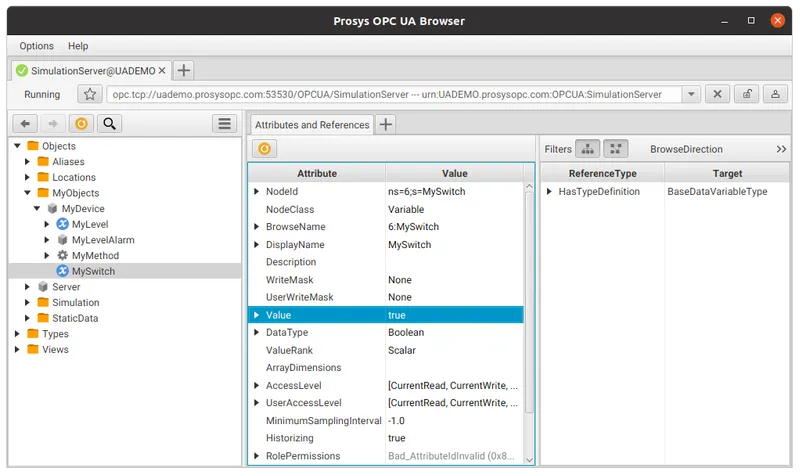 Prosys OPC UA Browser showing MySwitch node with Value set to true