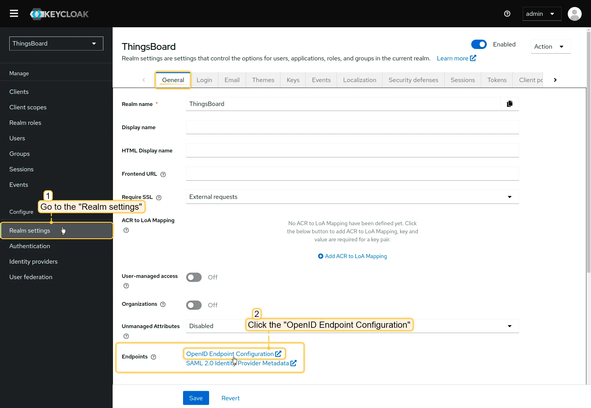 Keycloak Realm settings — OpenID Endpoint Configuration link
