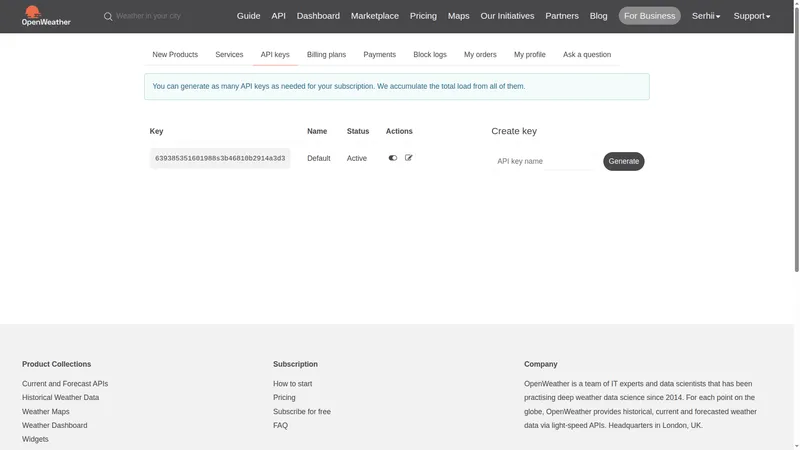 OpenWeather API keys page showing default key and generate button