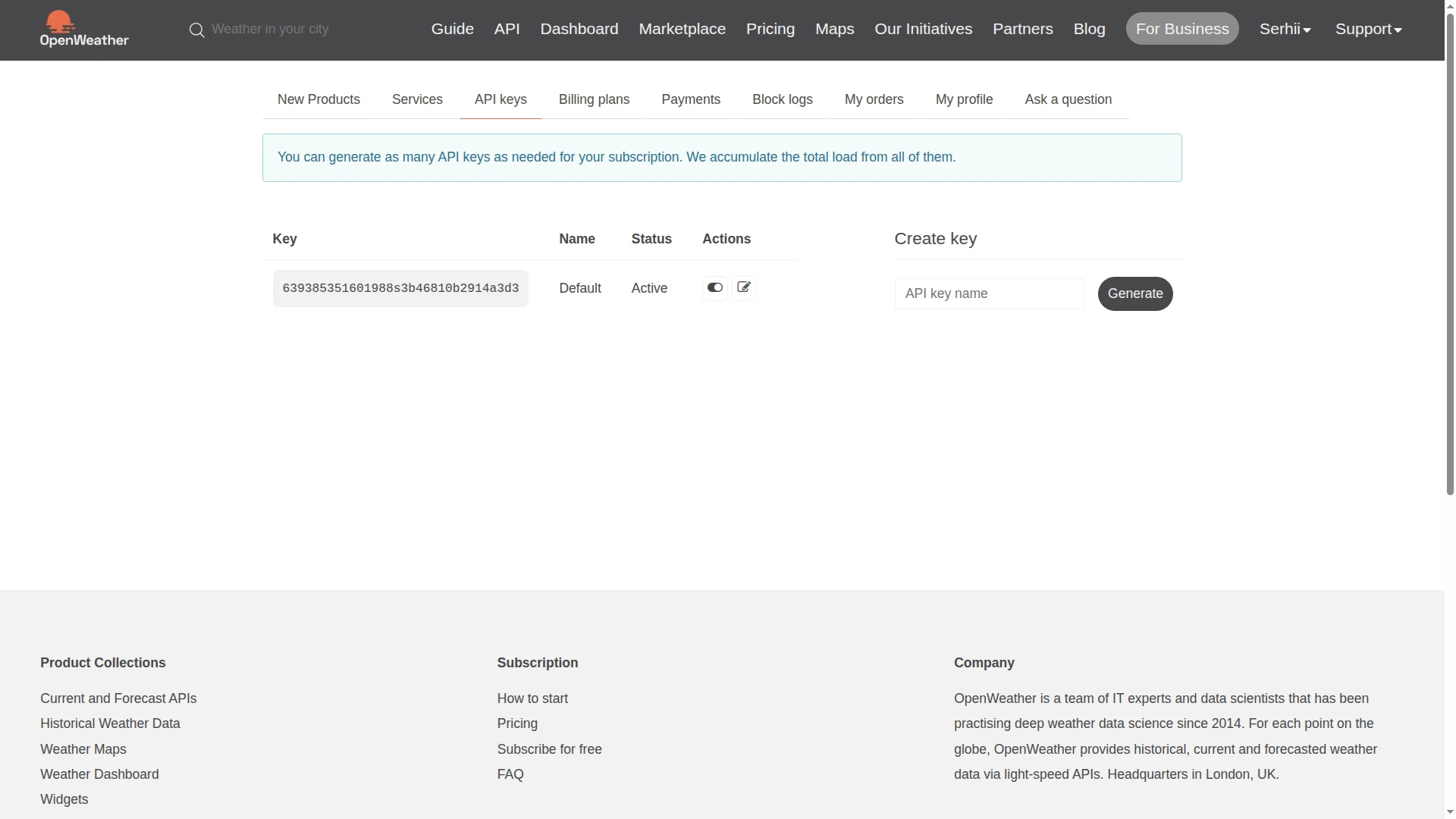 OpenWeather API keys page showing default key and generate button