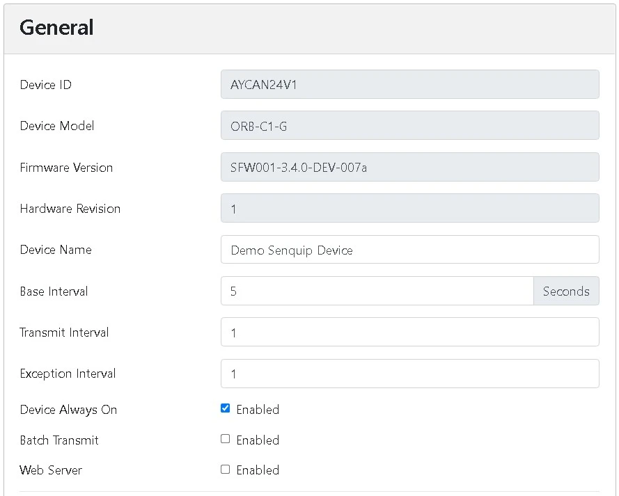 Senquip Portal General settings page with name and base interval configured