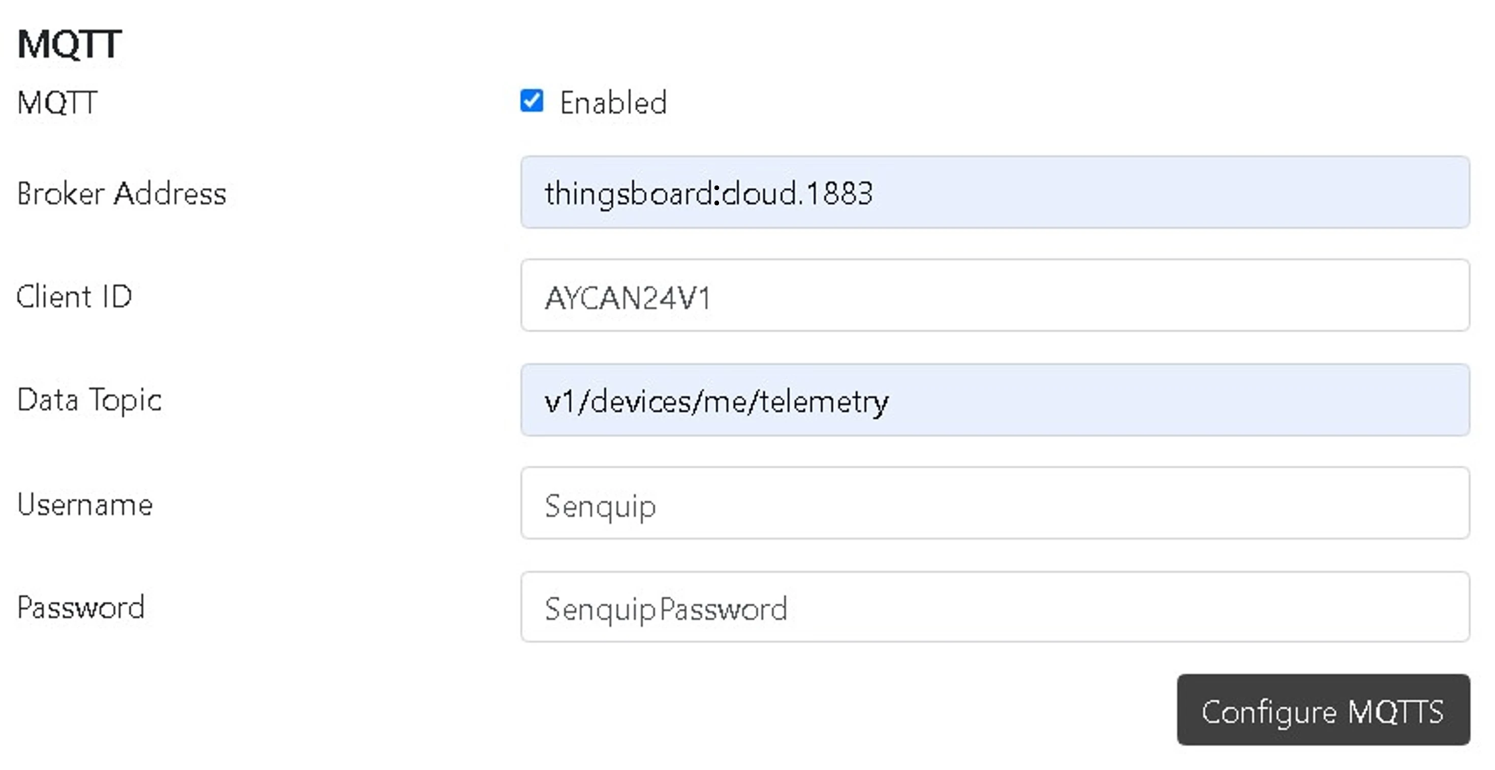 Senquip Portal MQTT endpoint settings with broker address and credentials