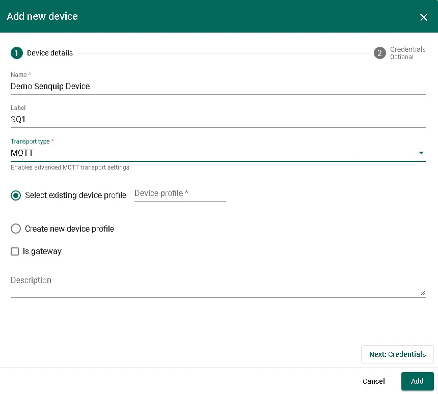 ThingsBoard add device dialog with name, label, and MQTT transport type