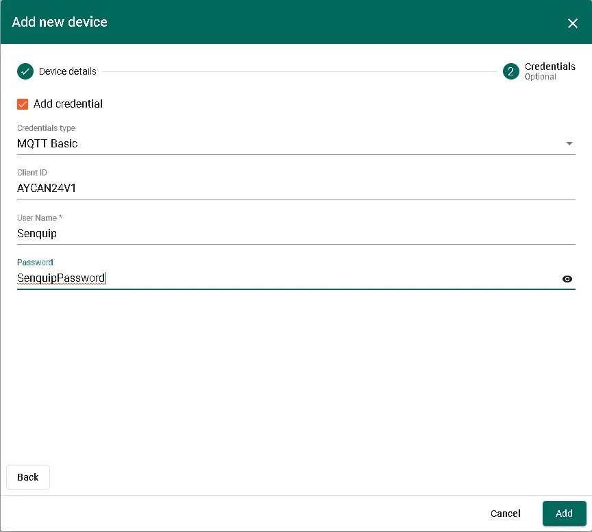 Device credentials dialog with MQTT Basic credentials fields