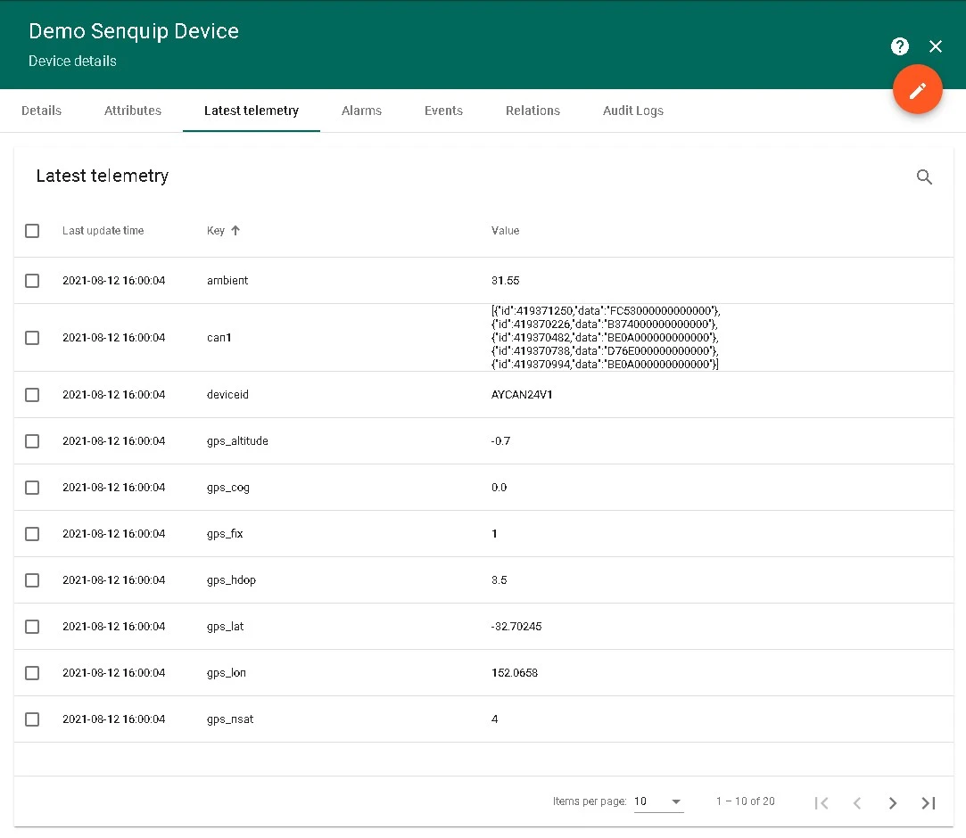ThingsBoard Latest telemetry tab showing ORB-C1-G keys and values