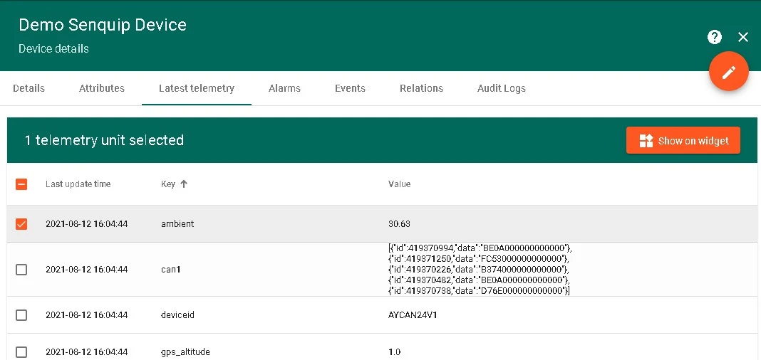 ThingsBoard Latest telemetry with a key selected and Show on widget button