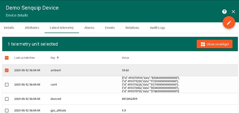 ThingsBoard Latest telemetry with a key selected and Show on widget button