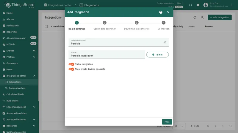 Add integration wizard — Basic settings: Integration type Particle, name Particle integration, Enable integration and Allow create devices or assets toggled on