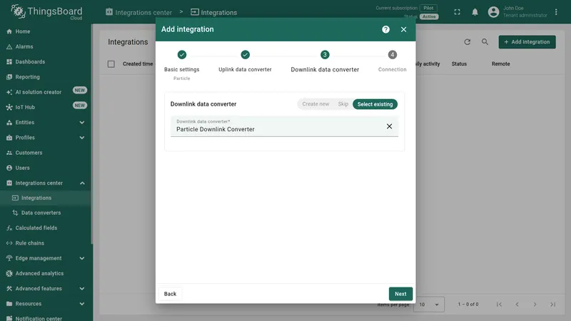 Add integration wizard — Downlink data converter step: Create new, Skip, and Select existing options shown, with Select existing chosen and Particle Downlink Converter selected
