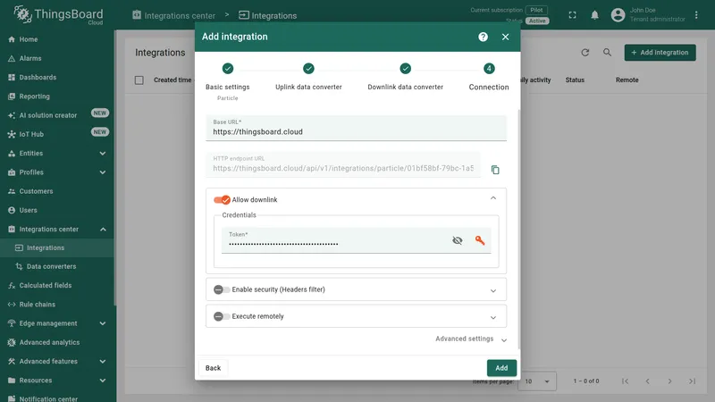 Add integration wizard — Connection step: Base URL and HTTP endpoint URL shown, Allow downlink enabled with masked Token field, Enable security and Execute remotely toggles, and Advanced settings section