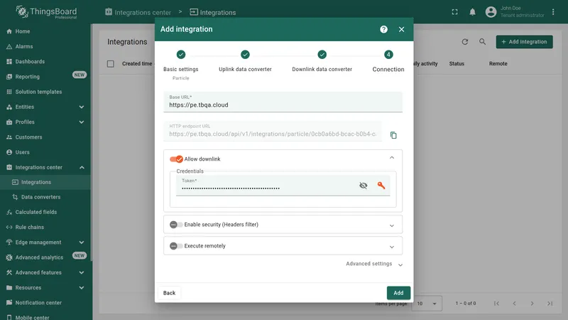 Add integration wizard — Connection step: Base URL and HTTP endpoint URL shown, Allow downlink enabled, Token field with Particle access token