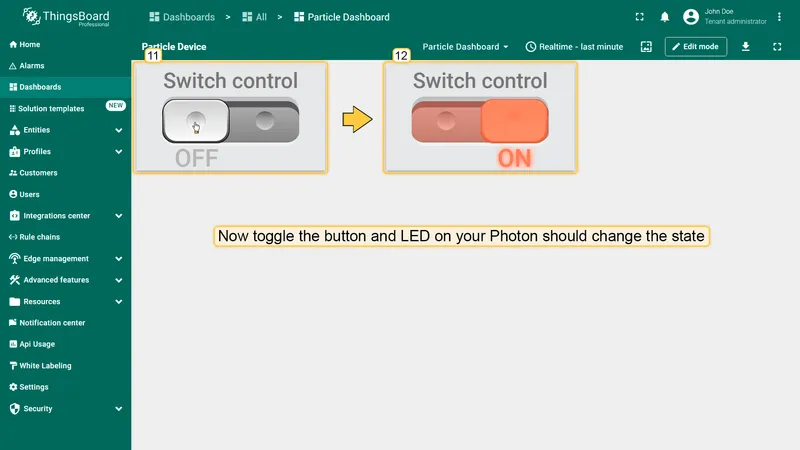 Dashboard showing Switch Control widget in OFF state on the left and ON state on the right, with an arrow indicating the toggle action