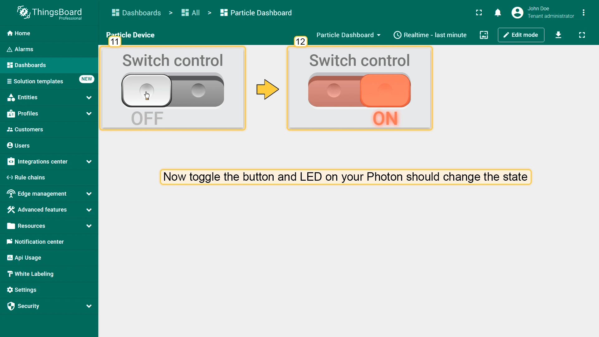 Dashboard showing Switch Control widget in OFF state on the left and ON state on the right, with an arrow indicating the toggle action