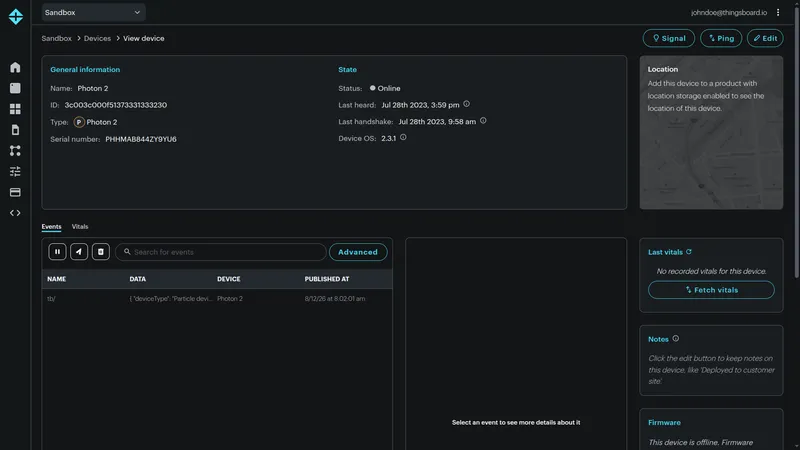 Particle Console — View device page, Events tab showing a tb/ event with its JSON payload and published timestamp