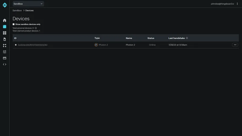 Particle Console Devices page — claimed product device row with coreid 3c003c000f51373331333230, Type Photon, Name Photon, and Status Online
