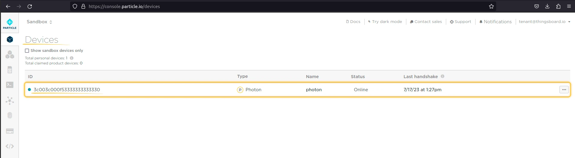 Particle Console Devices page — Photon device row with coreid, Type Photon, Status Online, and last handshake timestamp highlighted