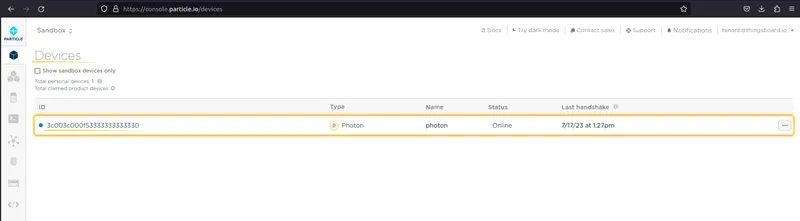 Particle Console Devices page — Photon device row with coreid, Type Photon, Status Online, and last handshake timestamp highlighted