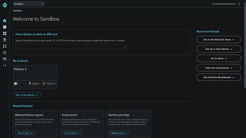 Particle Console Sandbox home page — My products section with the Photon 2 product card highlighted