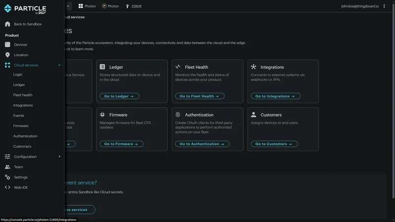 Particle Console product page — Cloud services section showing Integrations card among Logic, Ledger, Fleet Health, Firmware, Authentication, and Customers