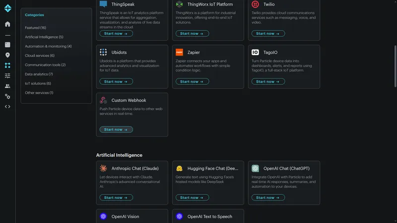 Particle Console Integrations catalog — categories sidebar (Featured, Artificial Intelligence, Automation & monitoring, Cloud services, and more) with the Custom Webhook card visible