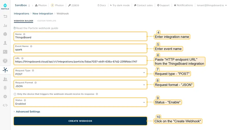 Particle Console — Webhook Builder form: Name ThingsBoard, Event Name spark, URL set to ThingsBoard HTTP endpoint, Request Type POST, Request Format JSON, Status Enabled