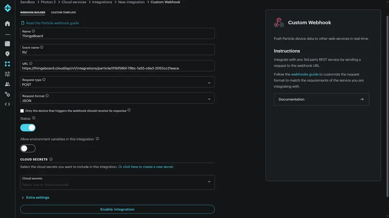 Particle Console — Custom Webhook Webhook Builder tab: Name ThingsBoard, Event name tb/, URL set to the ThingsBoard HTTP endpoint, Request type POST, Request format JSON, Status enabled, Enable integration button