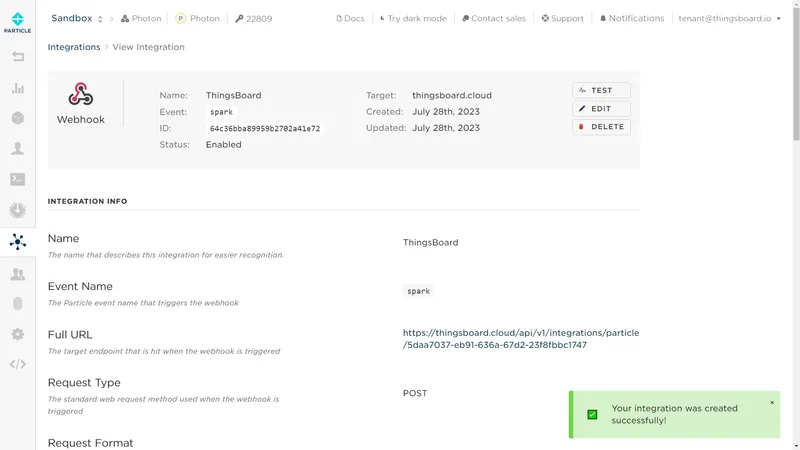 Particle Console — View Integration page showing webhook Name ThingsBoard, Event spark, Status Enabled, full URL, with success toast Your integration was created successfully