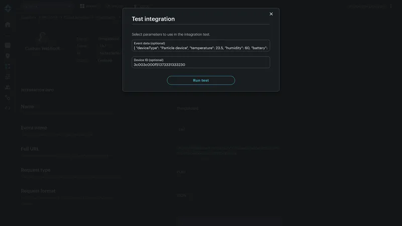 Particle Console — Test integration dialog with optional Event data JSON containing deviceType, temperature, humidity, and battery, an real Device ID field, and a Run test button