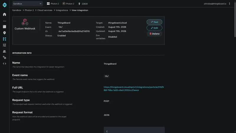 Particle Console — View integration page with the Test button highlighted