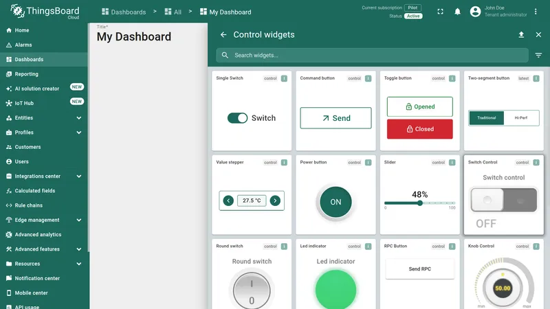 Add widget dialog — Control widgets bundle showing Switch Control among Single Switch, Command button, Toggle button, Power button, and other control widgets