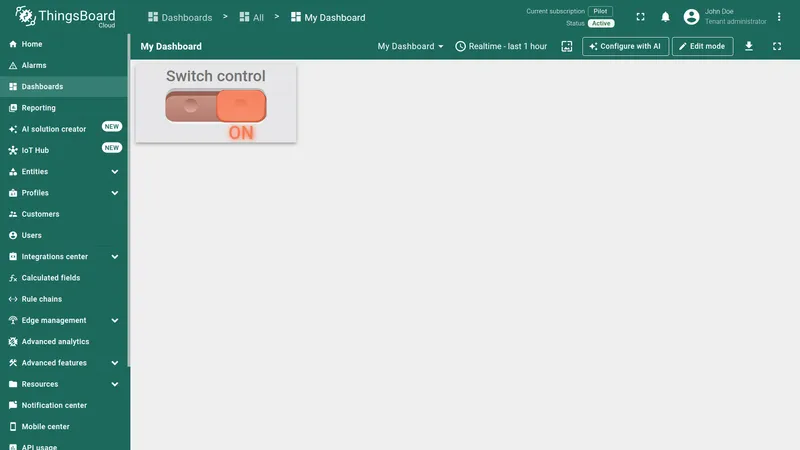 ThingsBoard dashboard — Switch control widget toggled to the ON state