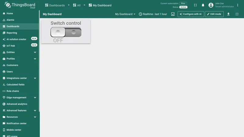 ThingsBoard dashboard in view mode showing the Switch control widget in the OFF state