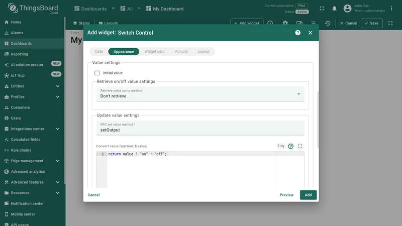 Add widget: Switch Control — Appearance tab: Retrieve value using method set to Don't retrieve, RPC set value method set to setOutput, Convert value function returning on or off