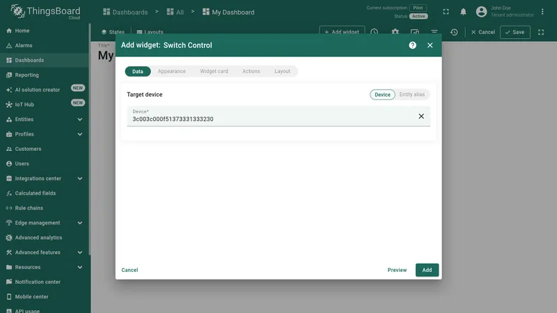 Add widget: Switch Control — Data tab with Target device set to Device and the provisioned Particle device selected