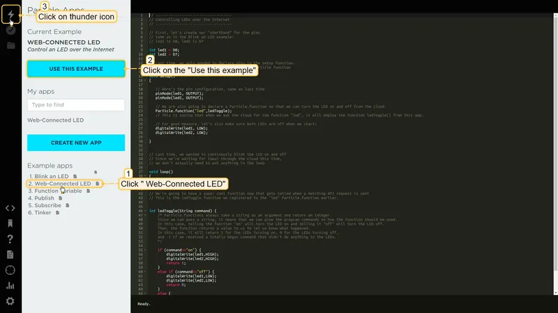 Particle Web IDE — Web-Connected LED example selected in the example list (1), Use this example button (2), and thunder icon for flashing (3) highlighted