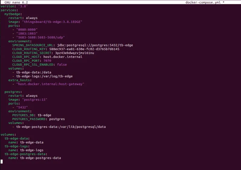 Terminal with docker-compose.yml open and configuration pasted