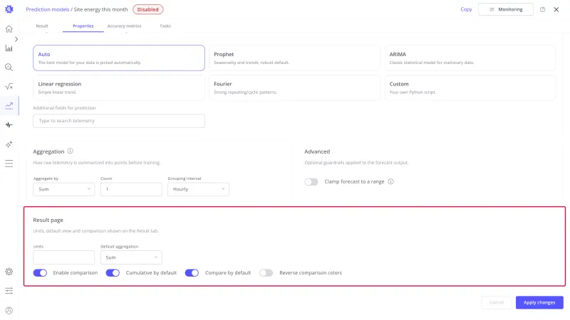 Result page card on the Properties tab with units, default aggregation, and the enable comparison, cumulative, compare, and reverse colors switches