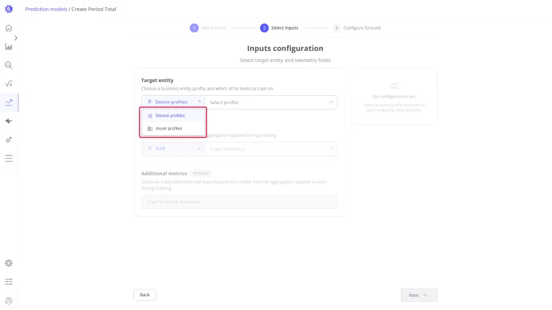 Inputs configuration step with the entity type dropdown open showing Device profiles and Asset profiles