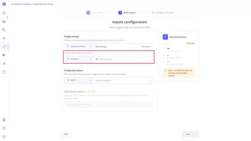 Inputs configuration step with All items selected and ten items included