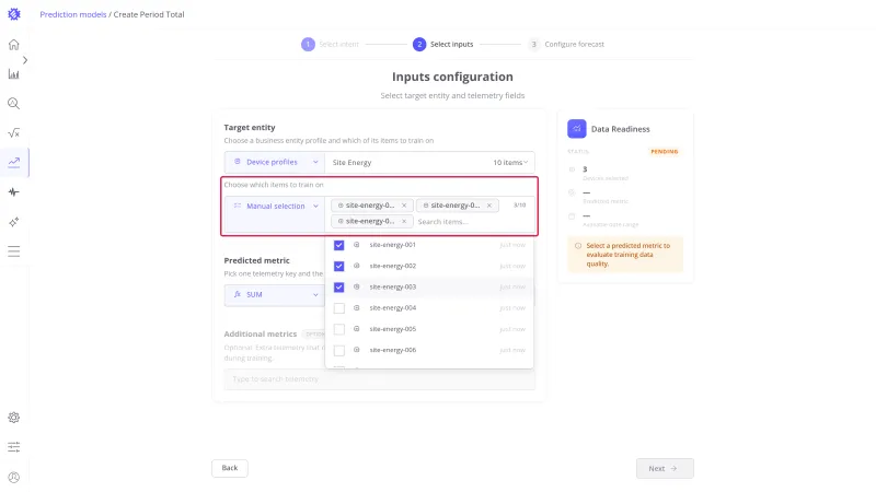 Inputs configuration step with Manual selection and three devices picked as chips