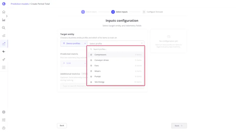 Inputs configuration step with the profile dropdown open listing every profile and its item count