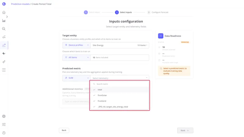 Telemetry key dropdown open listing the numeric keys of the profile
