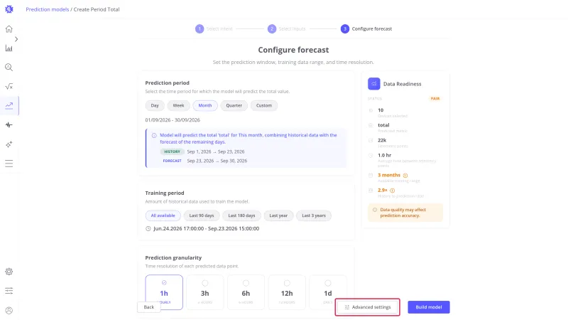 Configure forecast step with the Advanced settings button highlighted
