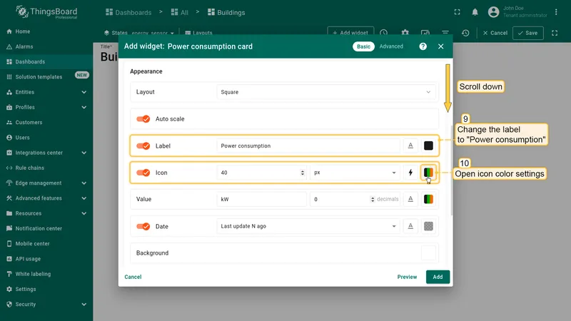 Set widget label and open icon color settings