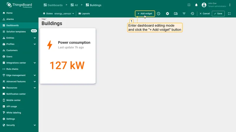 Open dashboard edit mode and add widget