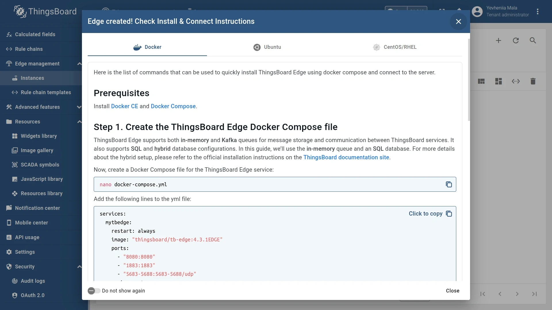 Pre-configured install and connect instructions dialog showing commands with Edge credentials pre-filled